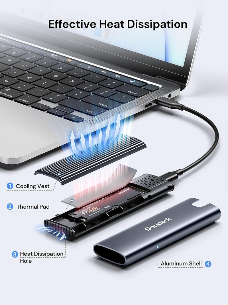 Dockteck M.2 NVMe SATA SSD Enclosure, Tool-Free 10Gbps USB 3.2 Gen 2 NVMe to USB Adapter Case for SSDs 2230/2242/2260/2280, External SSD Reader Supports M-Key/B+M Key and UASP - Image 3
